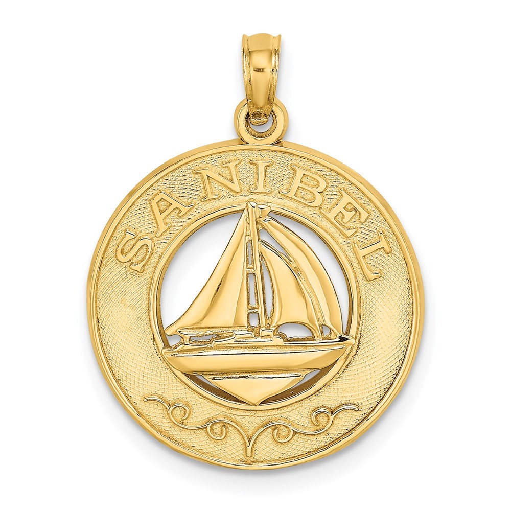14K Yellow Gold Sanibel Round Frame With Sailboat Center Charm Pendant