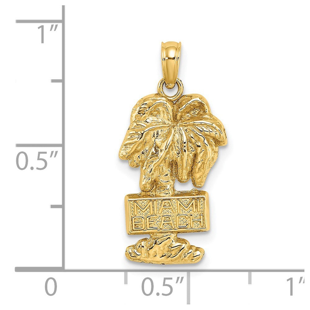14K Yellow Gold 2-D MIAMI BEACH On Palm Tree Charm Pendants
