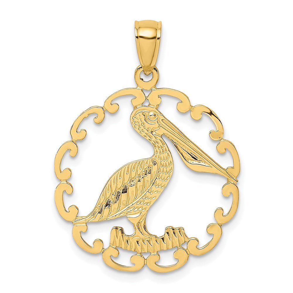 14K Yellow Gold Pelican In Circle Charm Pendant