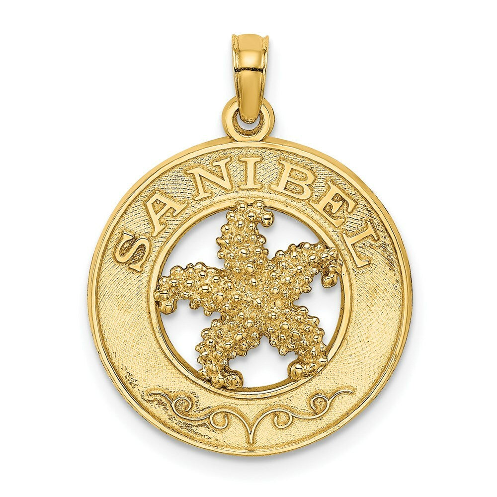 14K Yellow Gold Sanibel Round Frame With Starfish Center Charm Pendant