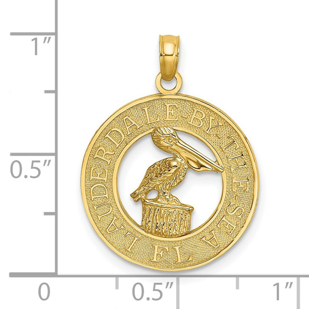 14K Yellow Gold Lauderdale-by-the-Sea FL Florida On Round Frame With Pelican Center