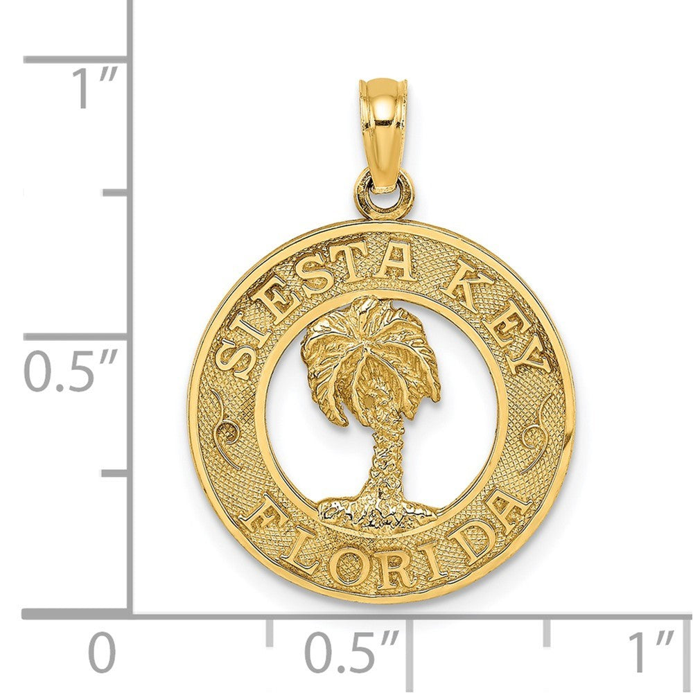 14K Yellow Gold SIESTA KEY, FL Round Frame With Palm Tree Charm Pendant