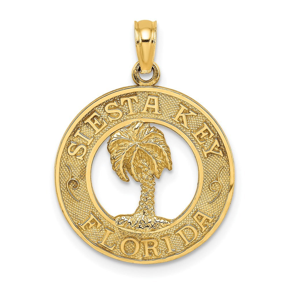 14K Yellow Gold SIESTA KEY, FL Round Frame With Palm Tree Charm Pendant