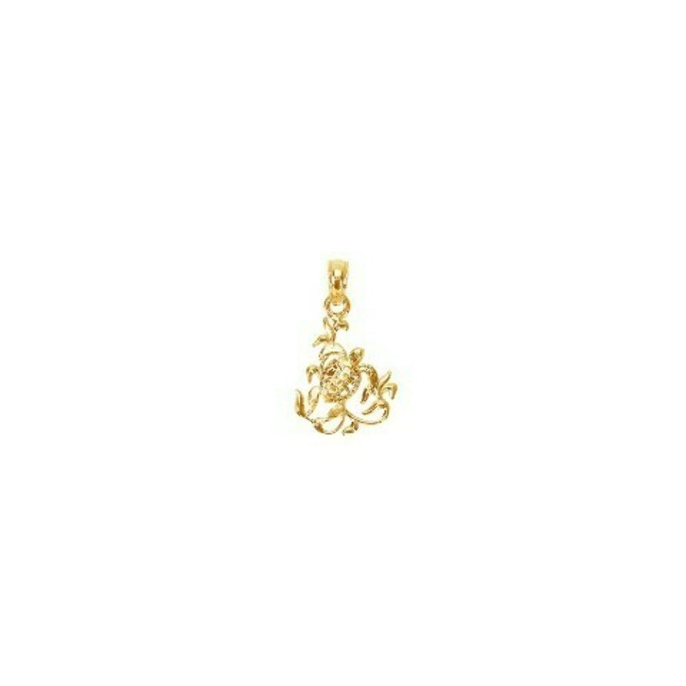 14K Yellow Gold Textured Mini SEA TURTLE & KELP Charm Pendant