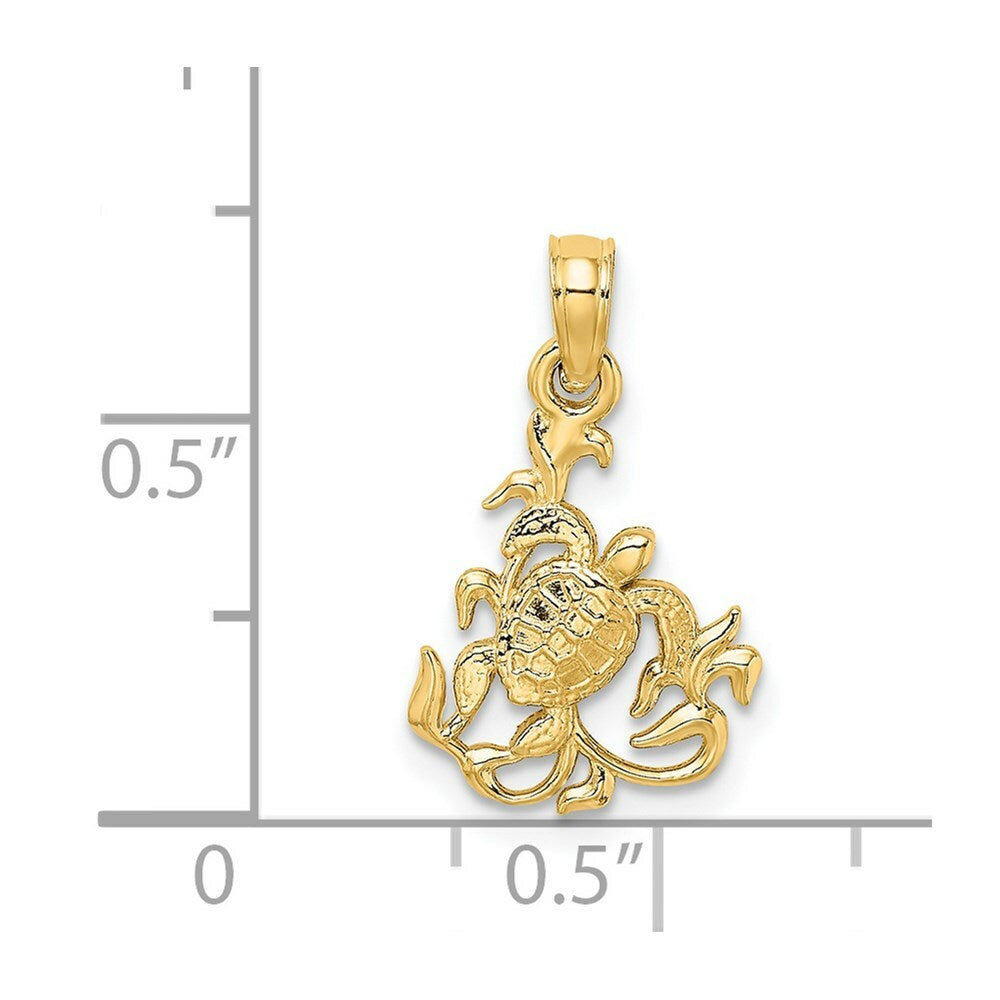 14K Yellow Gold Textured Mini SEA TURTLE & KELP Charm Pendant