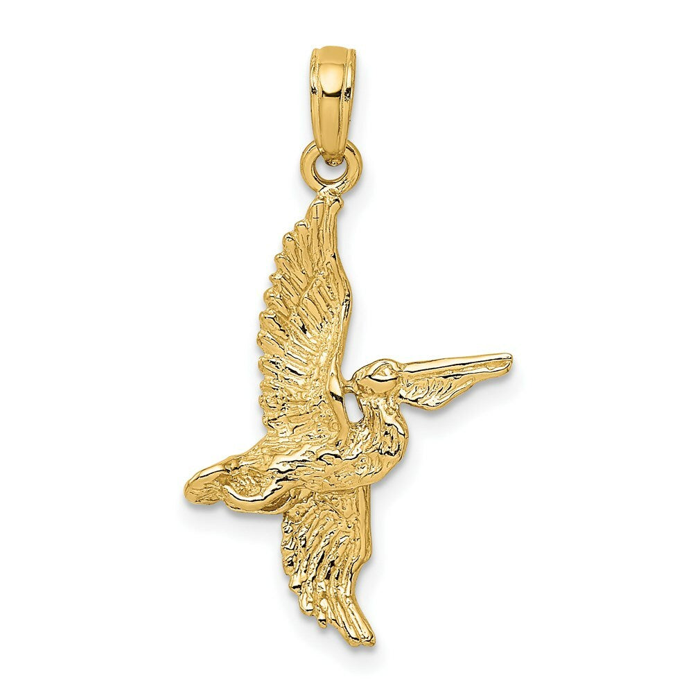 14K Yellow Gold 3-D Pelican Flying Charm Pendant