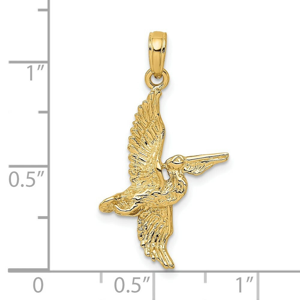 14K Yellow Gold 3-D Pelican Flying Charm Pendant