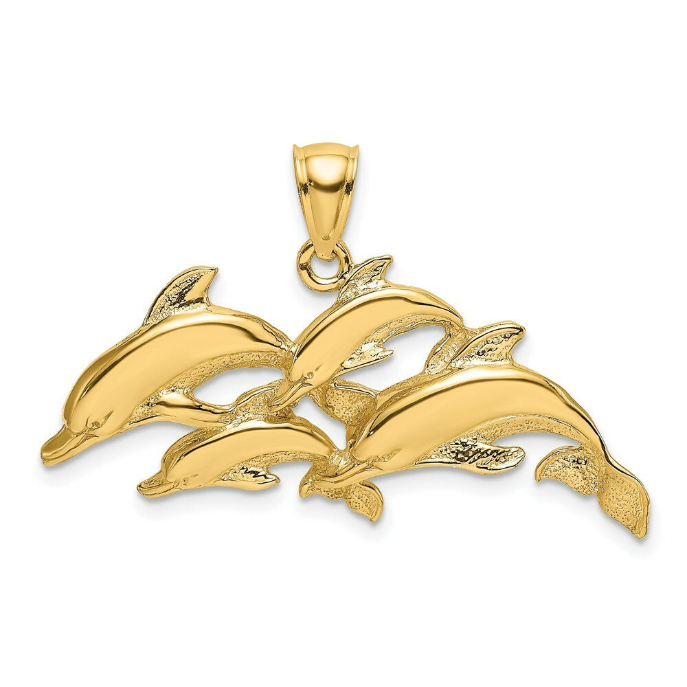 14K Yellow Gold Polished Four Dolphins Swimming Charm Pendant