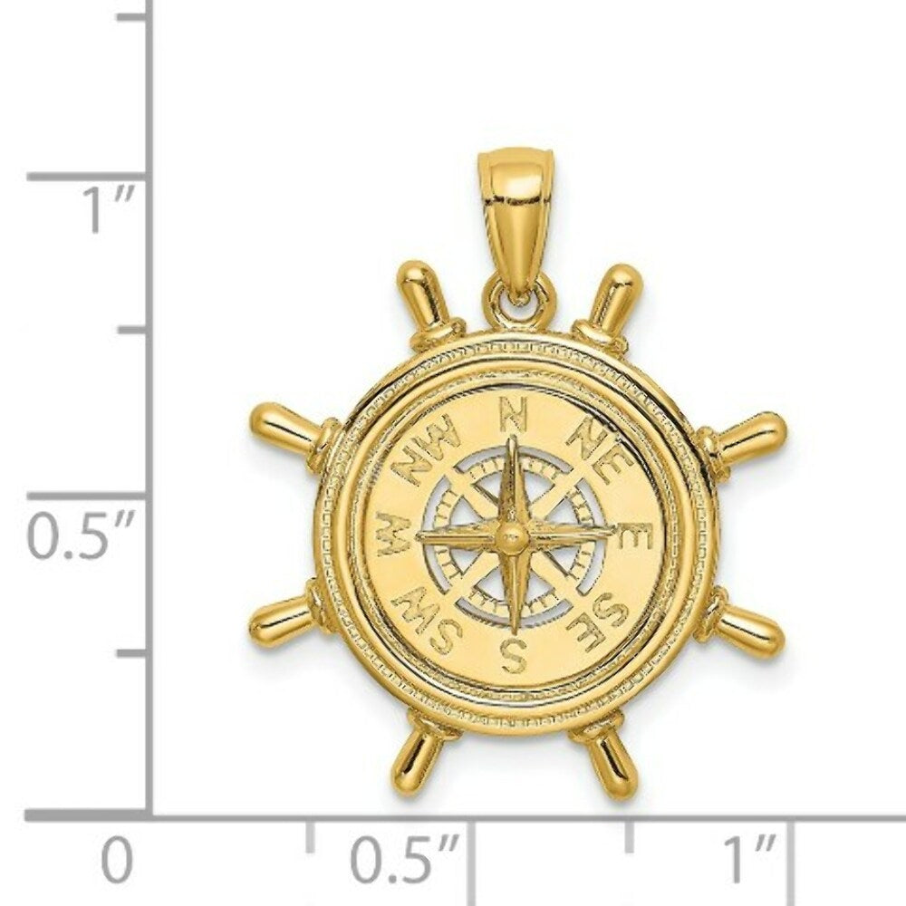 14K Yellow Gold Ship Wheel With Nautical Compass Charm Pendant