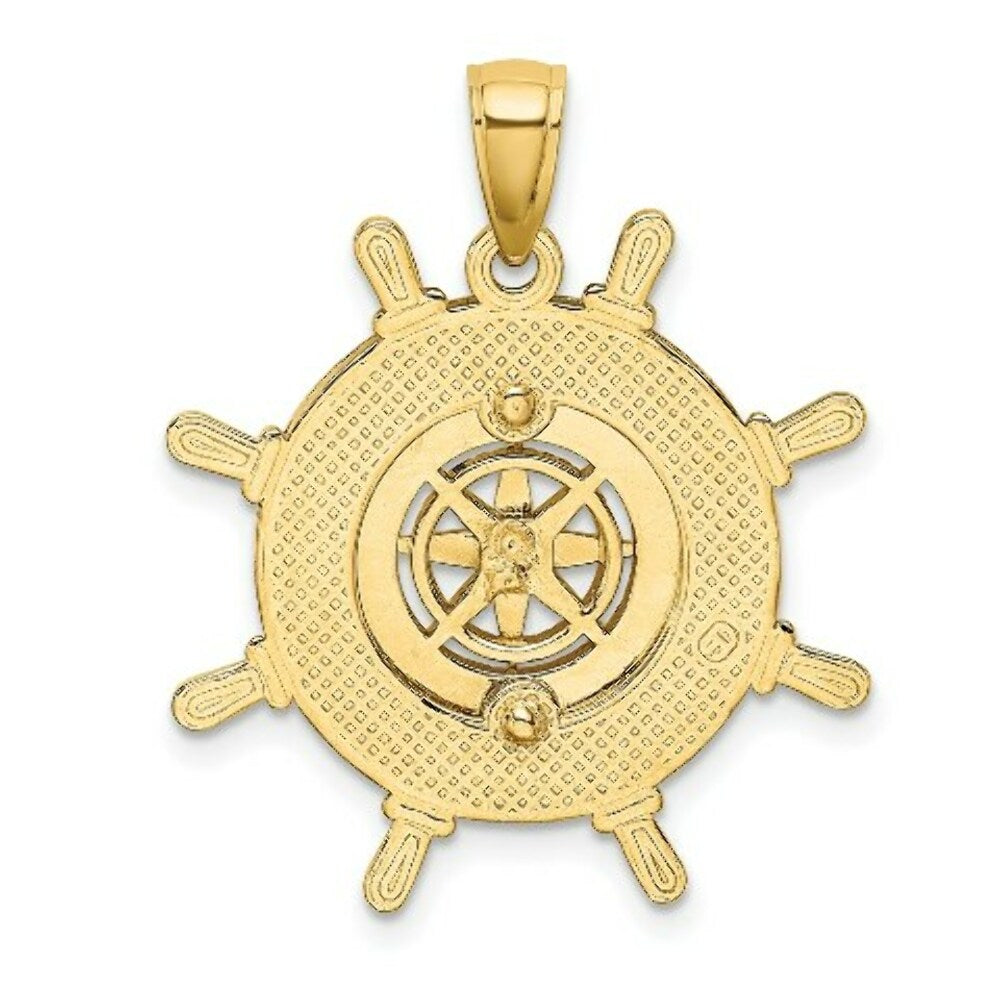 14K Yellow Gold Ship Wheel With Nautical Compass Charm Pendant