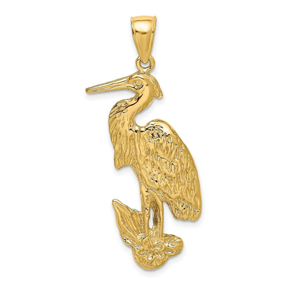 14K Yellow Gold 2-D & Textured Egret Bird Standing Charm Pendant