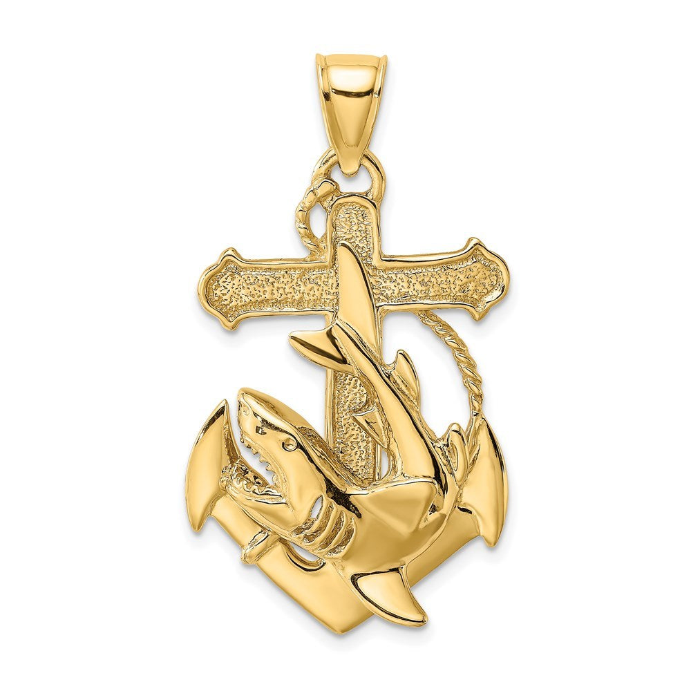 14K Yellow Gold 2-D Anchor With Shark Charm Pendant