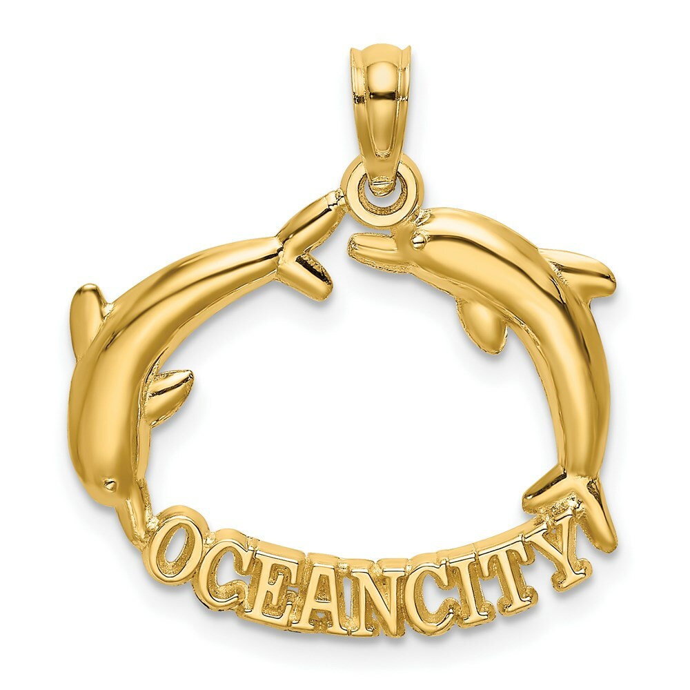 14K Yellow Gold 2-D Polished OCEAN CITY With Jumping Dolphins Charm Pendant