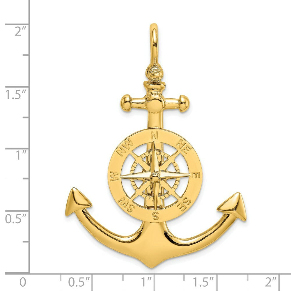 14K Yellow Gold Large Anchor With Nautical Compass Charm Pendant