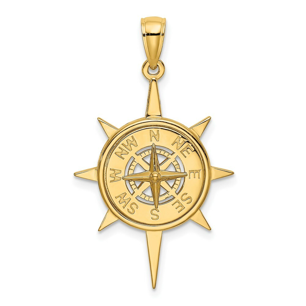 14K Yellow Gold Star Frame With Nautical Compass Center Charm Pendant