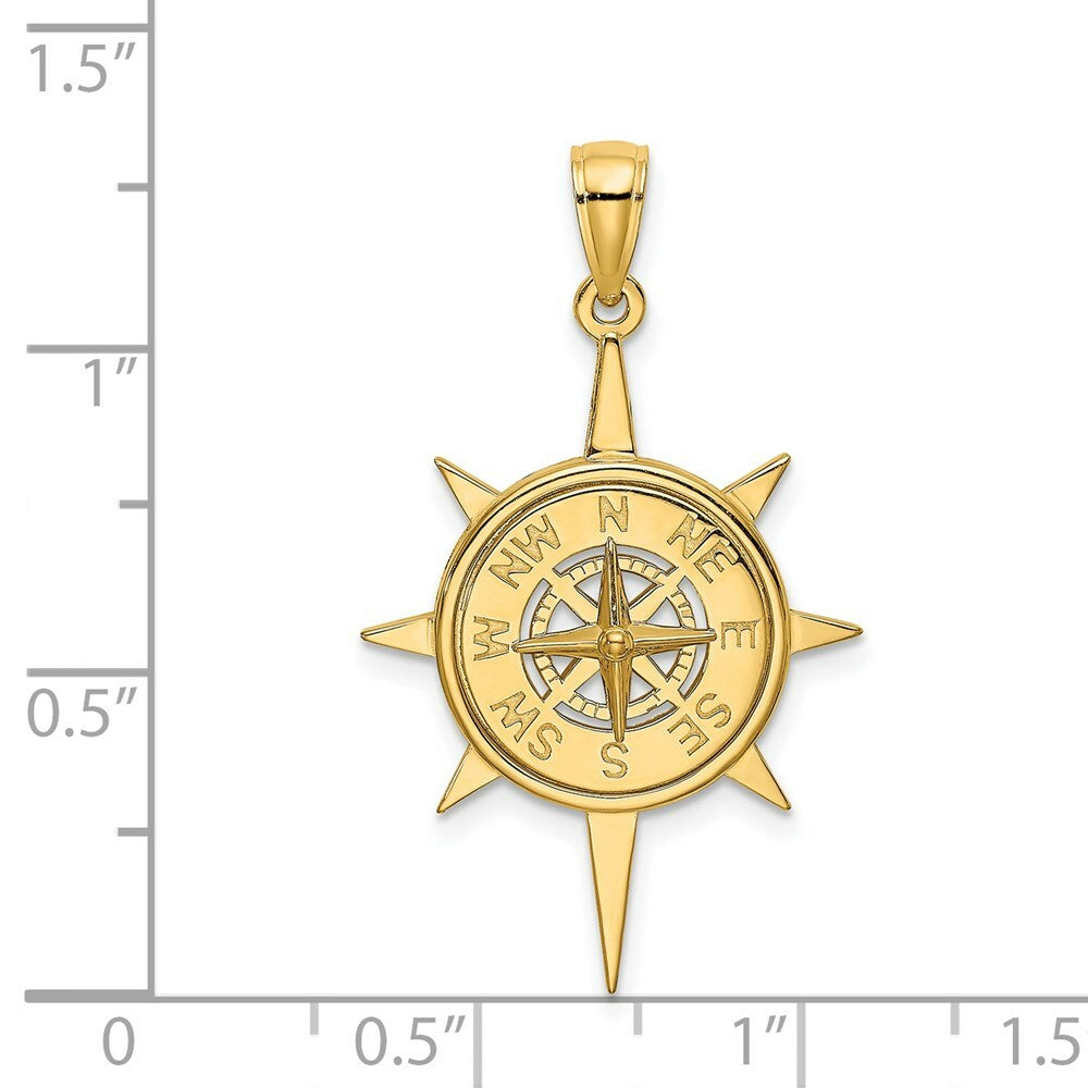 14K Yellow Gold Star Frame With Nautical Compass Center Charm Pendant
