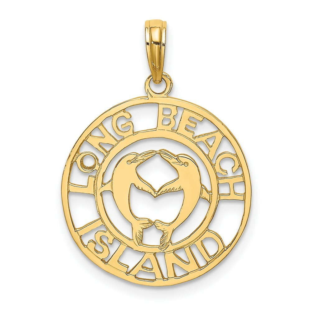 14K Yellow Gold LONG BEACH ISLAND With Dolphins Charm Pendant