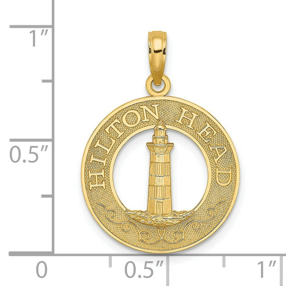 14K Yellow Gold HILTON Head Round Frame With Lighthouse Charm Pendant