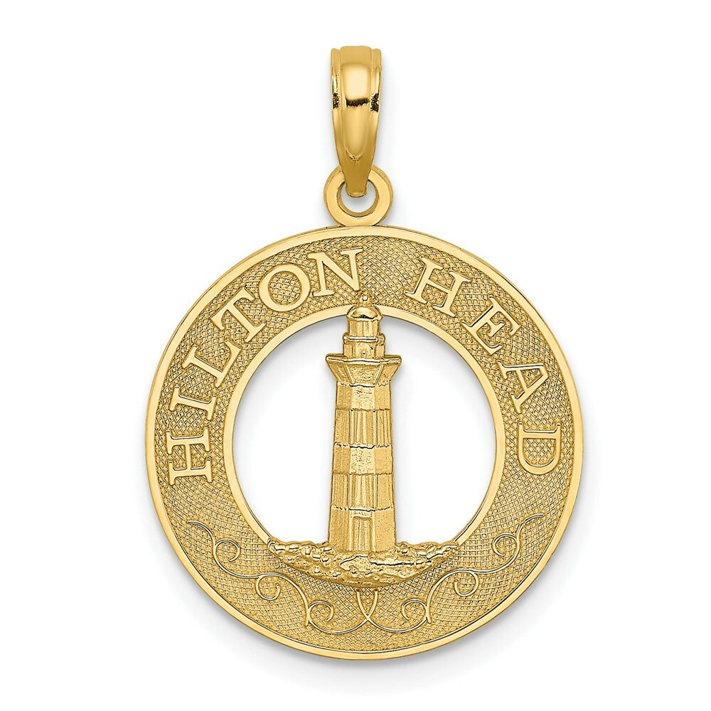 14K Yellow Gold HILTON Head Round Frame With Lighthouse Charm Pendant