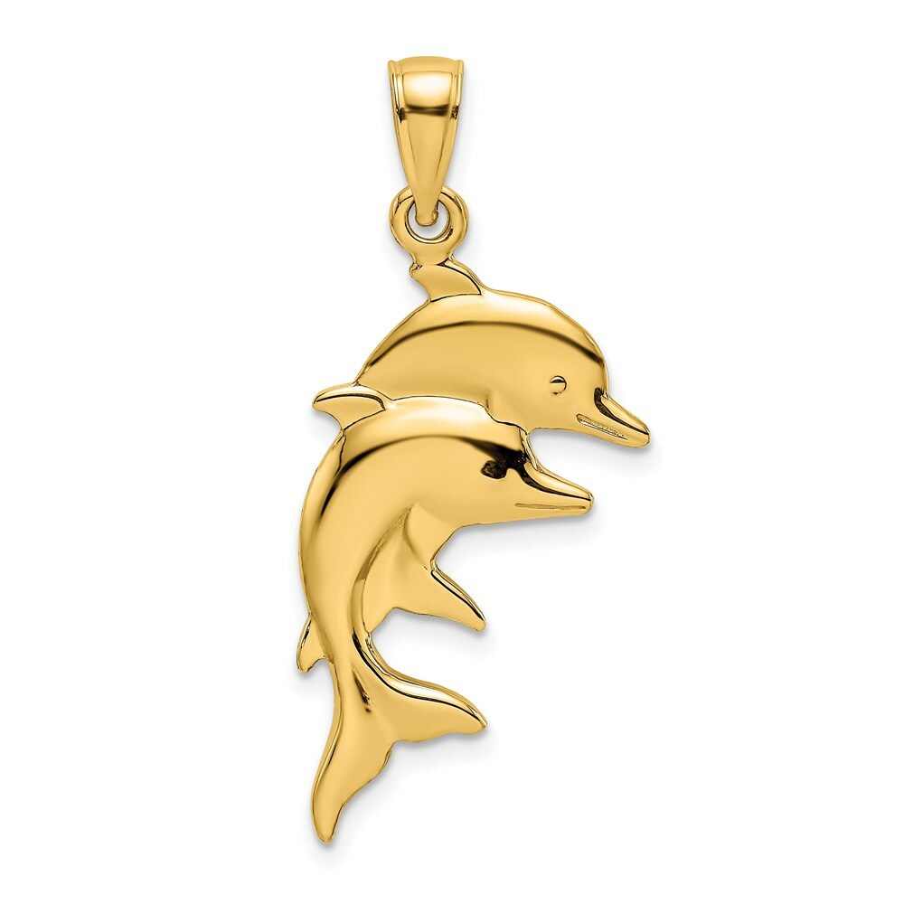 14K Yellow Gold 2-D Polished Double Dolphins Charm Pendant