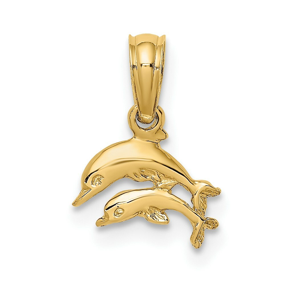 14K Yellow Gold 2-D Mini Double Dolphins Swimming Charm Pendant