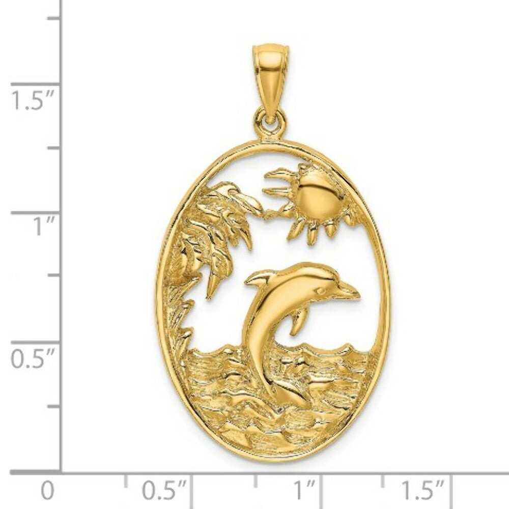14K Yellow Gold Dolphin Jumping in Ocean Scene Charm Pendant