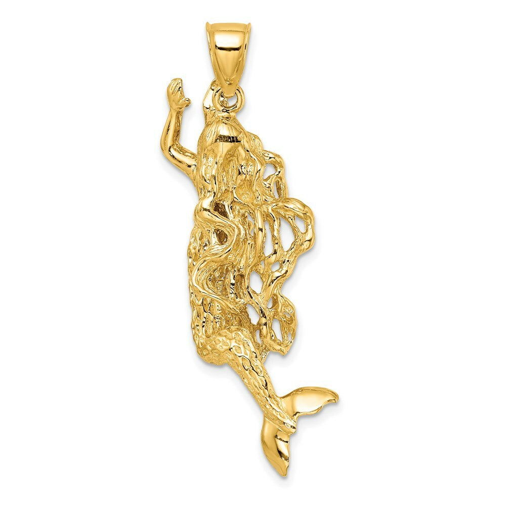 14K Yellow Gold 3-D Textured LARGE MERMAID Charm Pendant