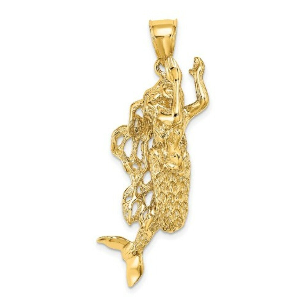 14K Yellow Gold 3-D Textured LARGE MERMAID Charm Pendant