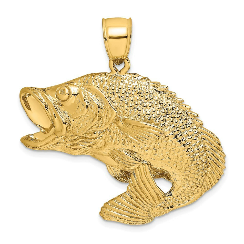 14K Yellow Gold 2-D Bass Fish Jumping Charm Pendant