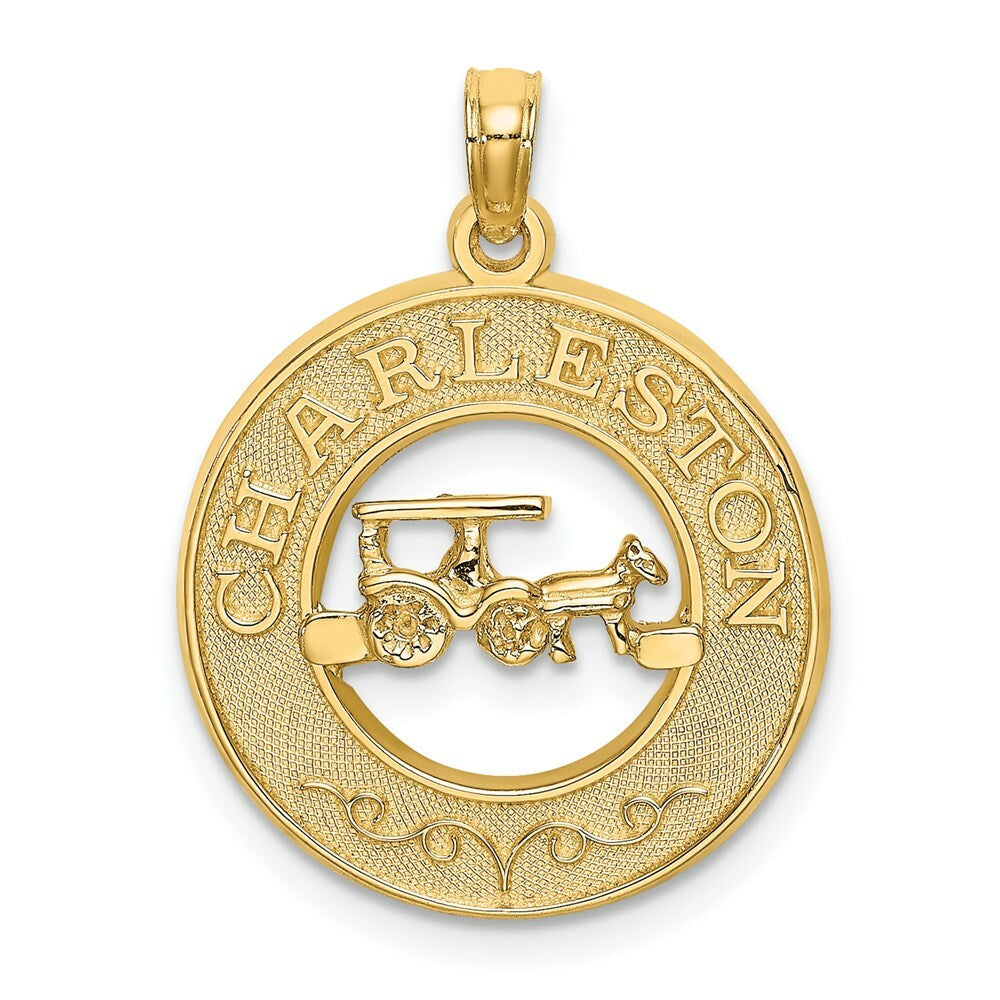 14K Yellow Gold CHARLESTON Round Frame With Horse & Cart Charm Pendant