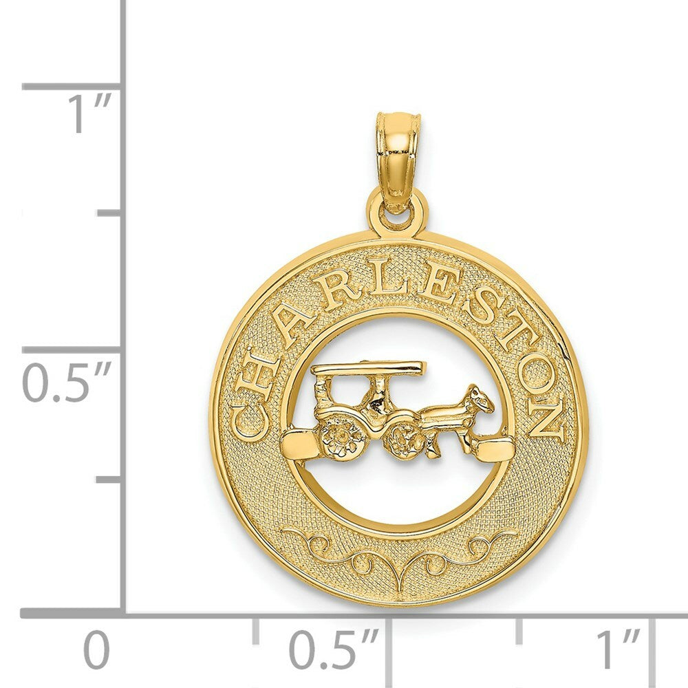 14K Yellow Gold CHARLESTON Round Frame With Horse & Cart Charm Pendant