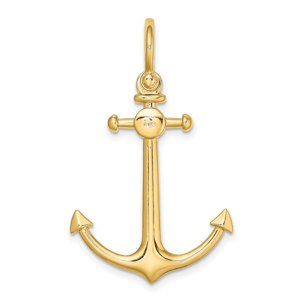 14K Yellow Gold 3-D Small Anchor With Shackle Bail Charm Pendant