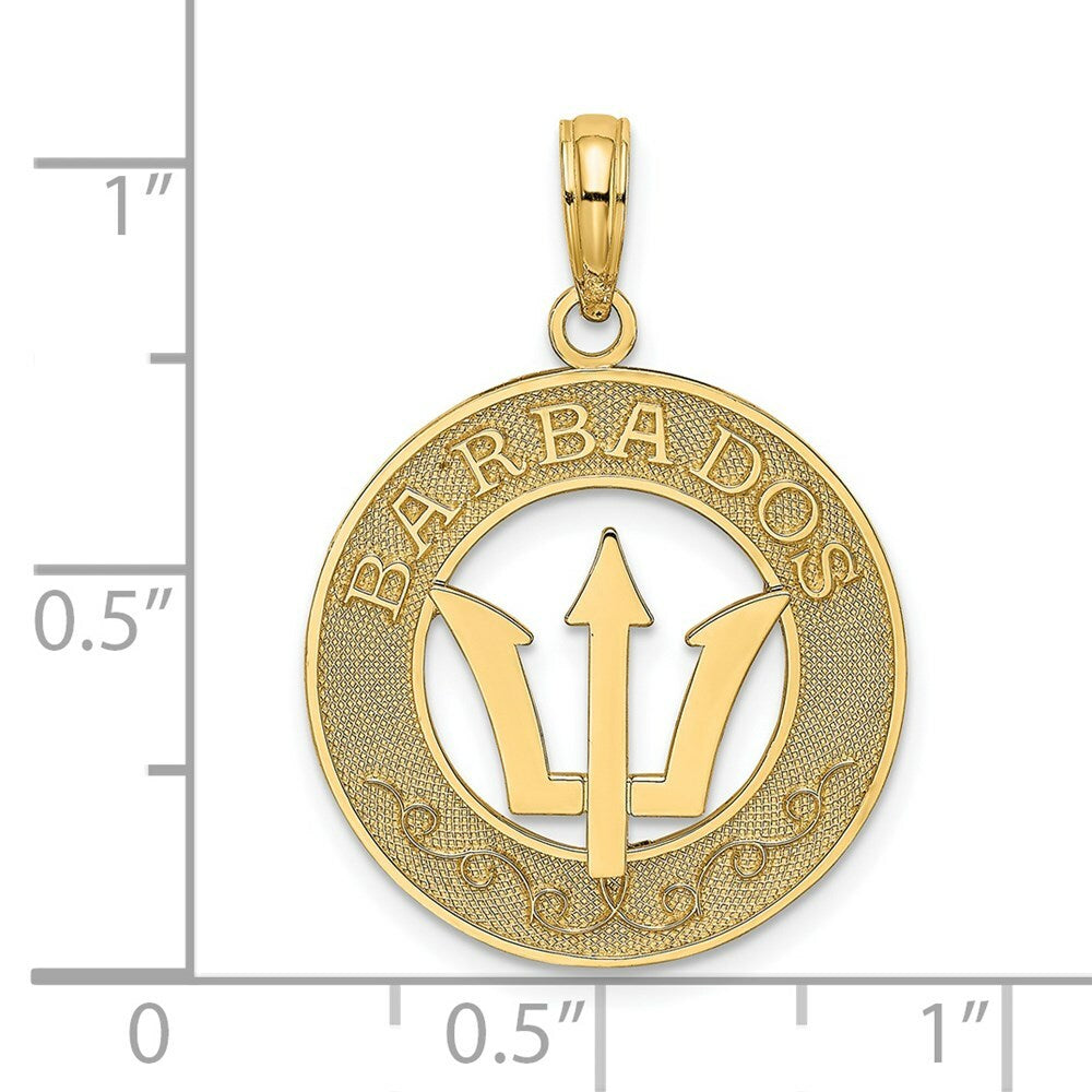 14K Yellow Gold BARBADOS On Round Frame With Trident Spear Charm Pendant