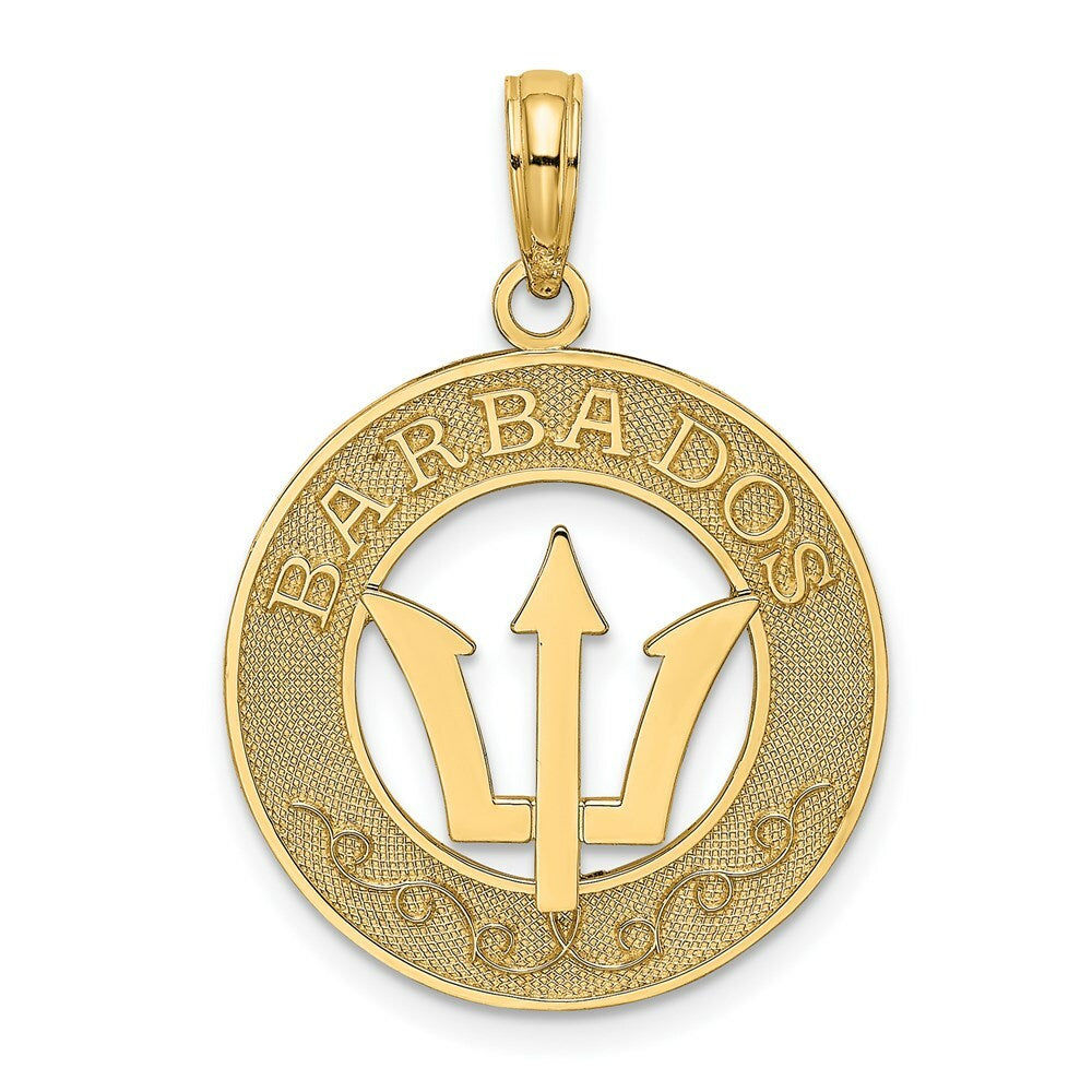 14K Yellow Gold BARBADOS On Round Frame With Trident Spear Charm Pendant