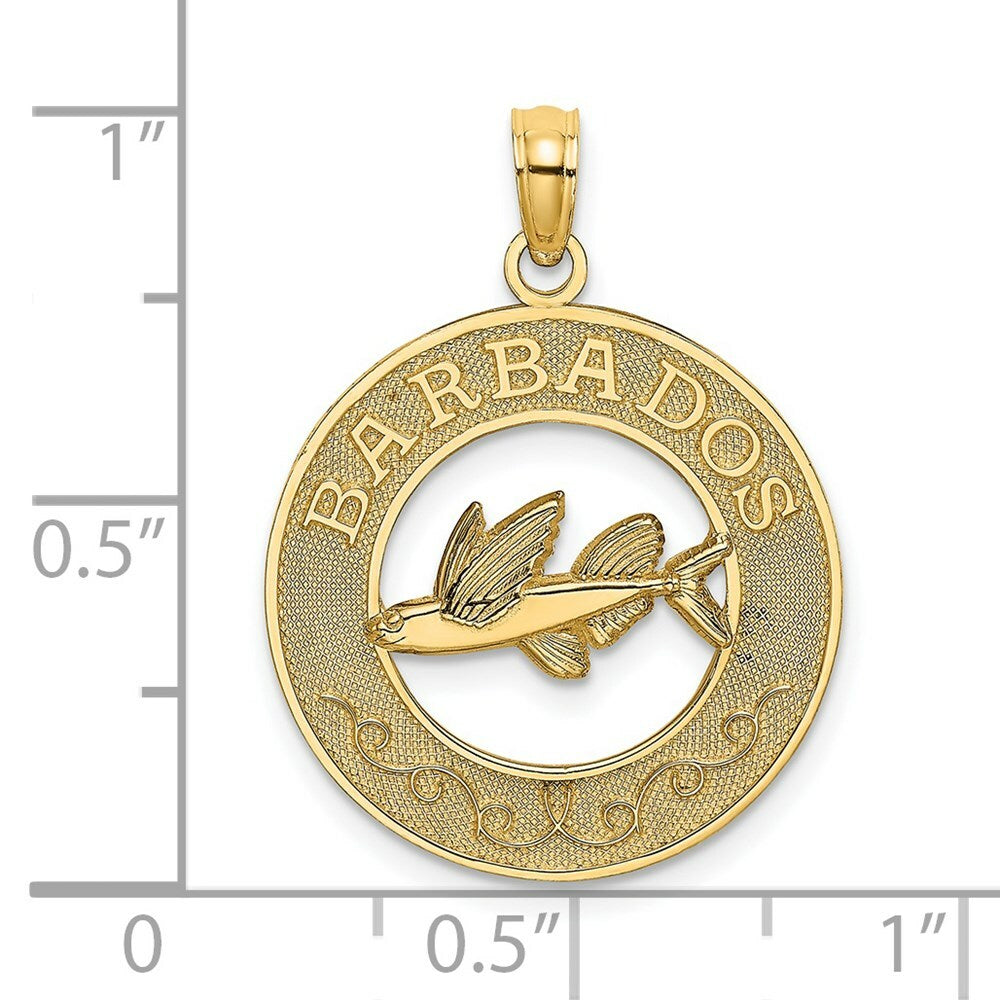 14K Yellow Gold BARBADOS On Round Frame With Flying Fish Charm Pendant
