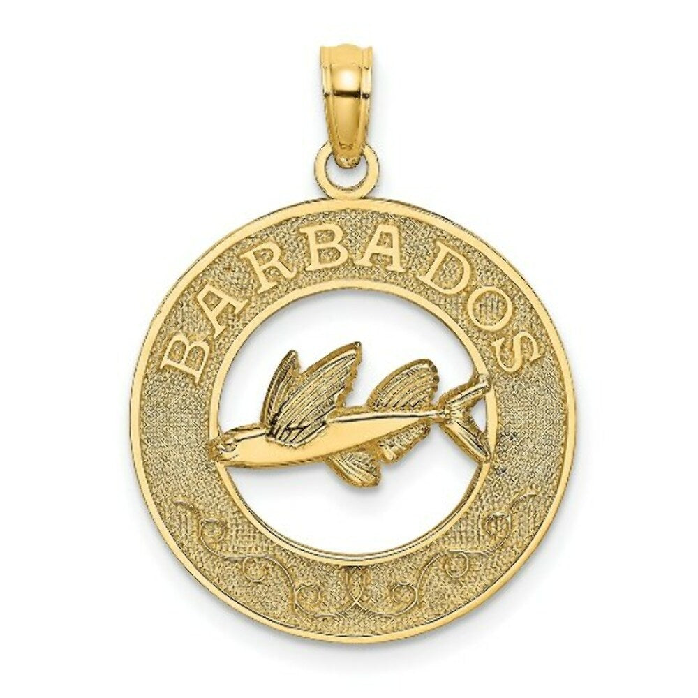 14K Yellow Gold BARBADOS On Round Frame With Flying Fish Charm Pendant
