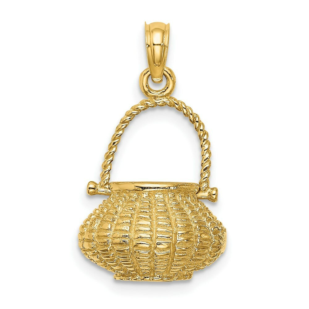 14K Yellow Gold 3-D Moveable Handle Flower Basket Charm Pendant