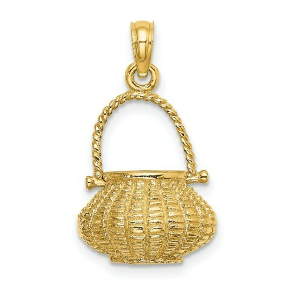 14K Yellow Gold 3-D Moveable Handle Flower Basket Charm Pendant