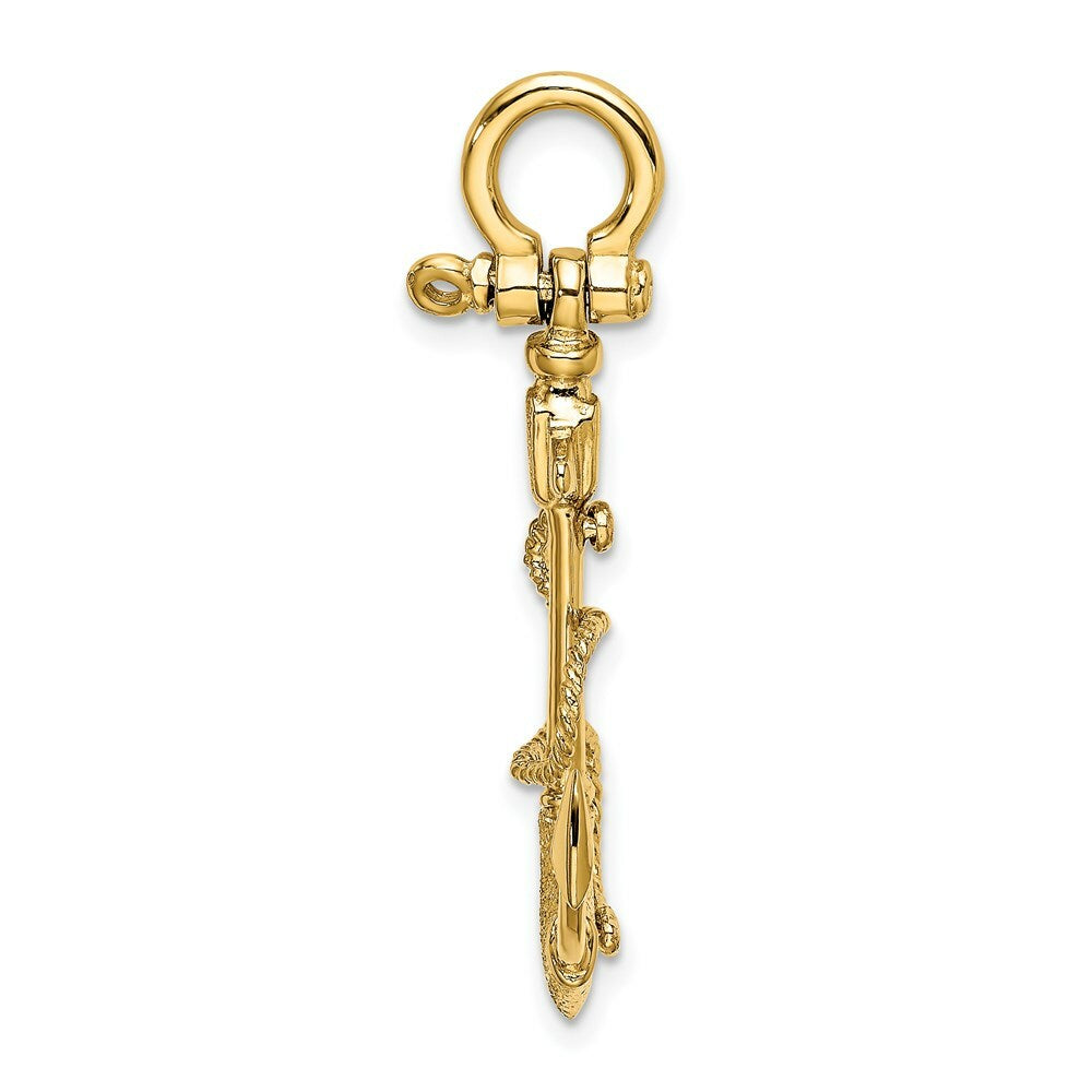 14K Yellow Gold 3-D Textured Anchor With Rope & Shackle Bail Charm Pendant