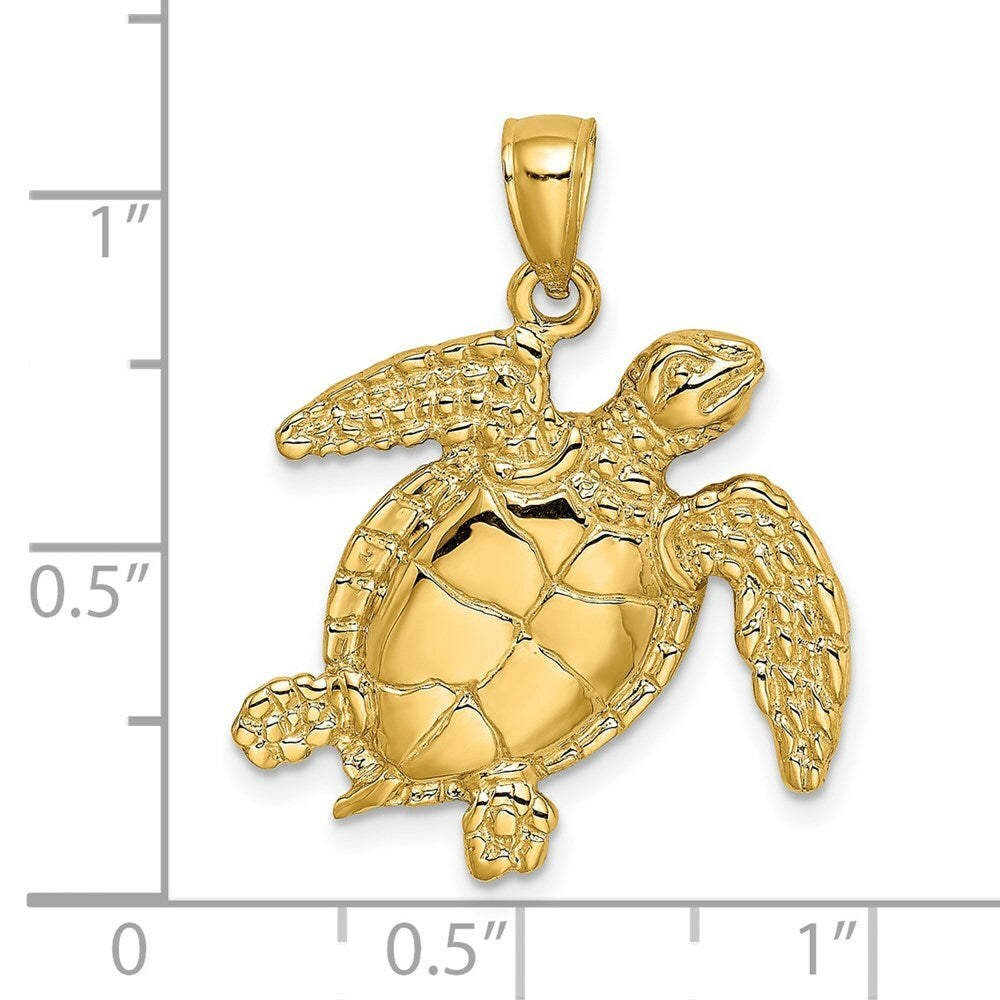 14K Yellow Gold 2-D SEA TURTLE SWIMMING Charm Pendant