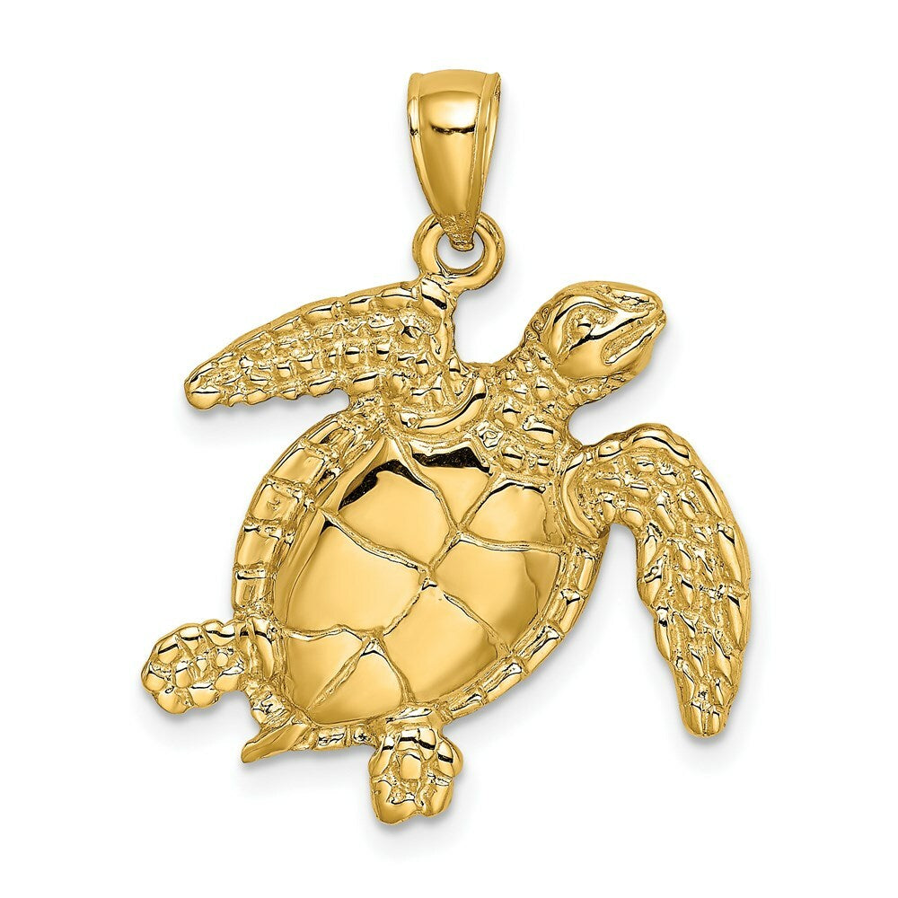 14K Yellow Gold 2-D SEA TURTLE SWIMMING Charm Pendant