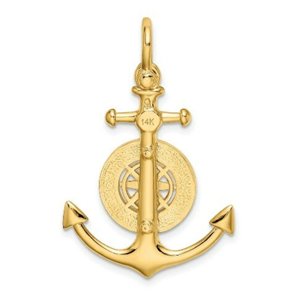 14K Yellow Gold 3-D Small Anchor With Nautical Compass Charm Pendant