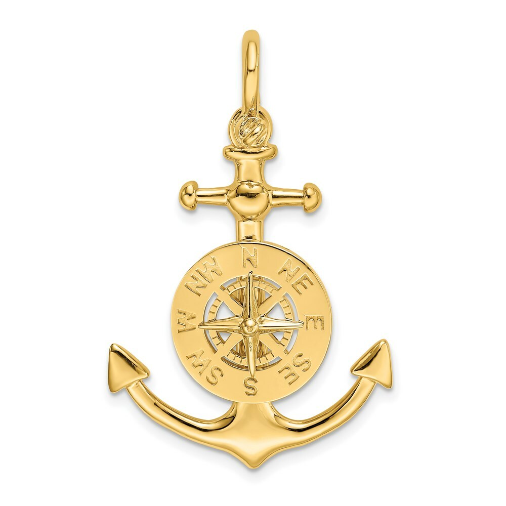 14K Yellow Gold 3-D Small Anchor With Nautical Compass Charm Pendant