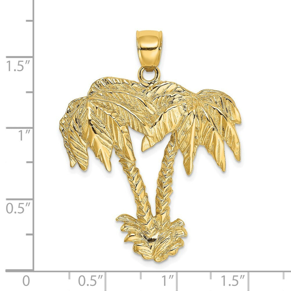 14K Yellow Gold 2-D Double Palm Trees Charm Pendant