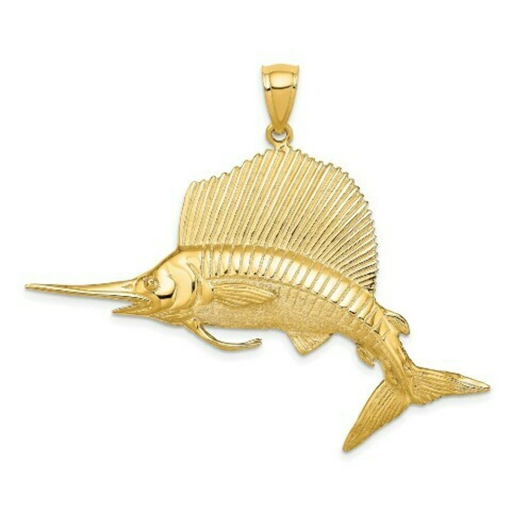 14K Yellow Gold 3-D Polished and Satin Sailfish Charm Pendant