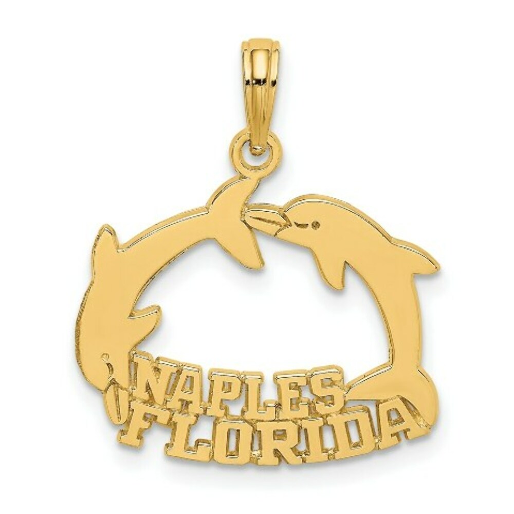 14K Yellow Gold NAPLES FLORIDA Under Jumping Dolphins Charm Pendant