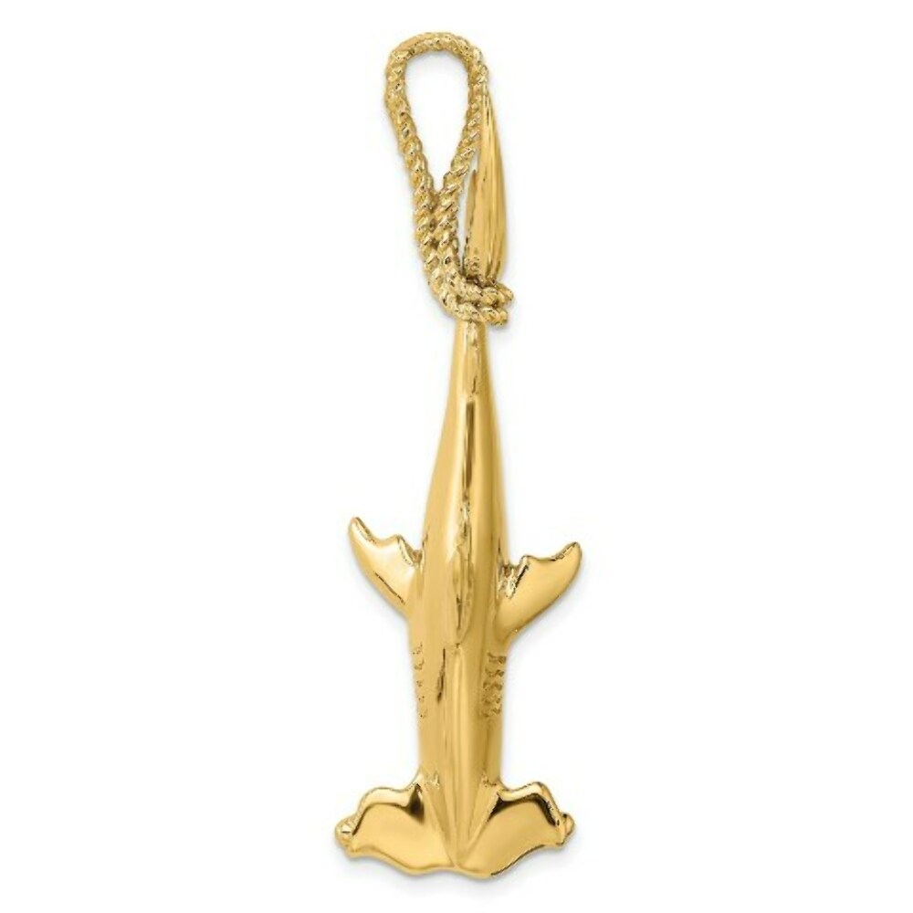 14K Yellow Gold 3-D Hammerhead Shark With Rope Bail Charm Pendant