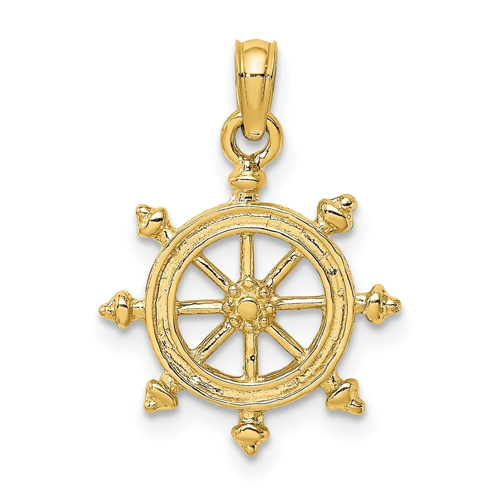 14K Yellow Gold 2-D Engraved Ship Wheel Charm Pendant