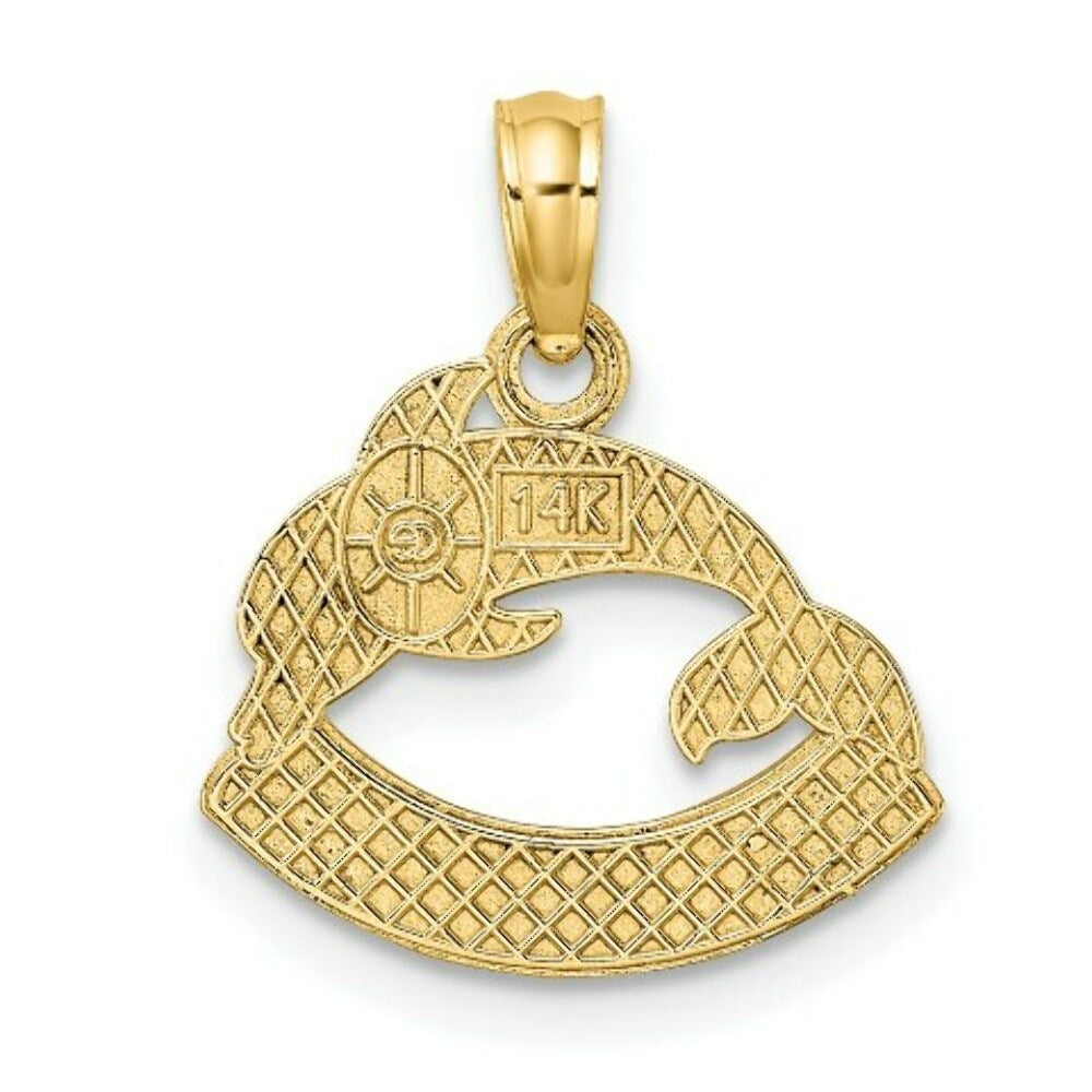 14K Yellow Gold Textured NAGS Head Banner With Dolphin Charm Pendant
