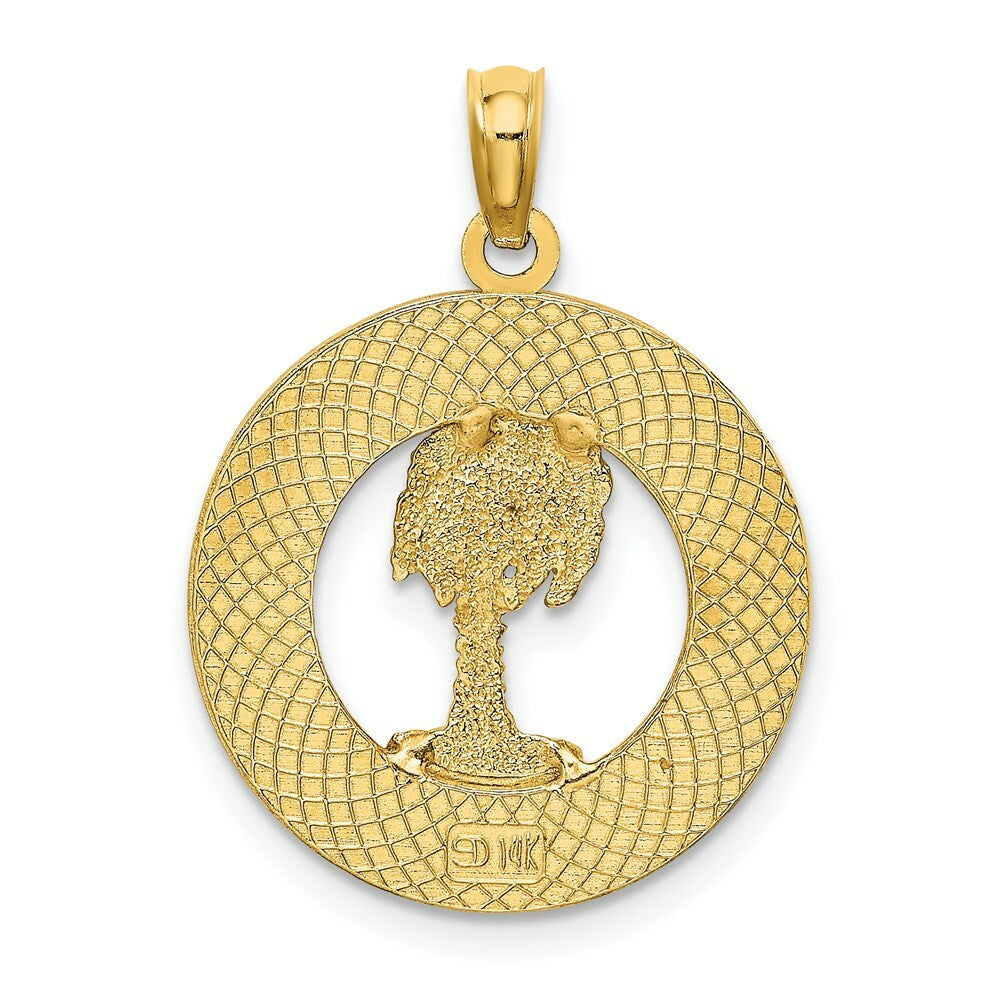 14K Yellow Gold BEAUFORT, SC On Round Frame With Palm Tree Charm Pendant